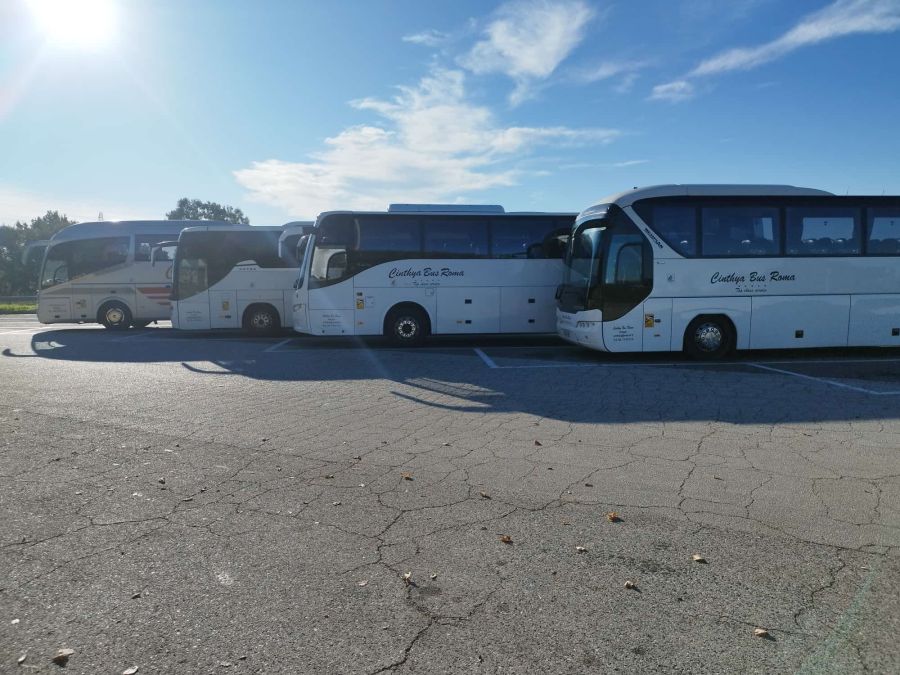 Fila di autobus turistici nel parcheggio